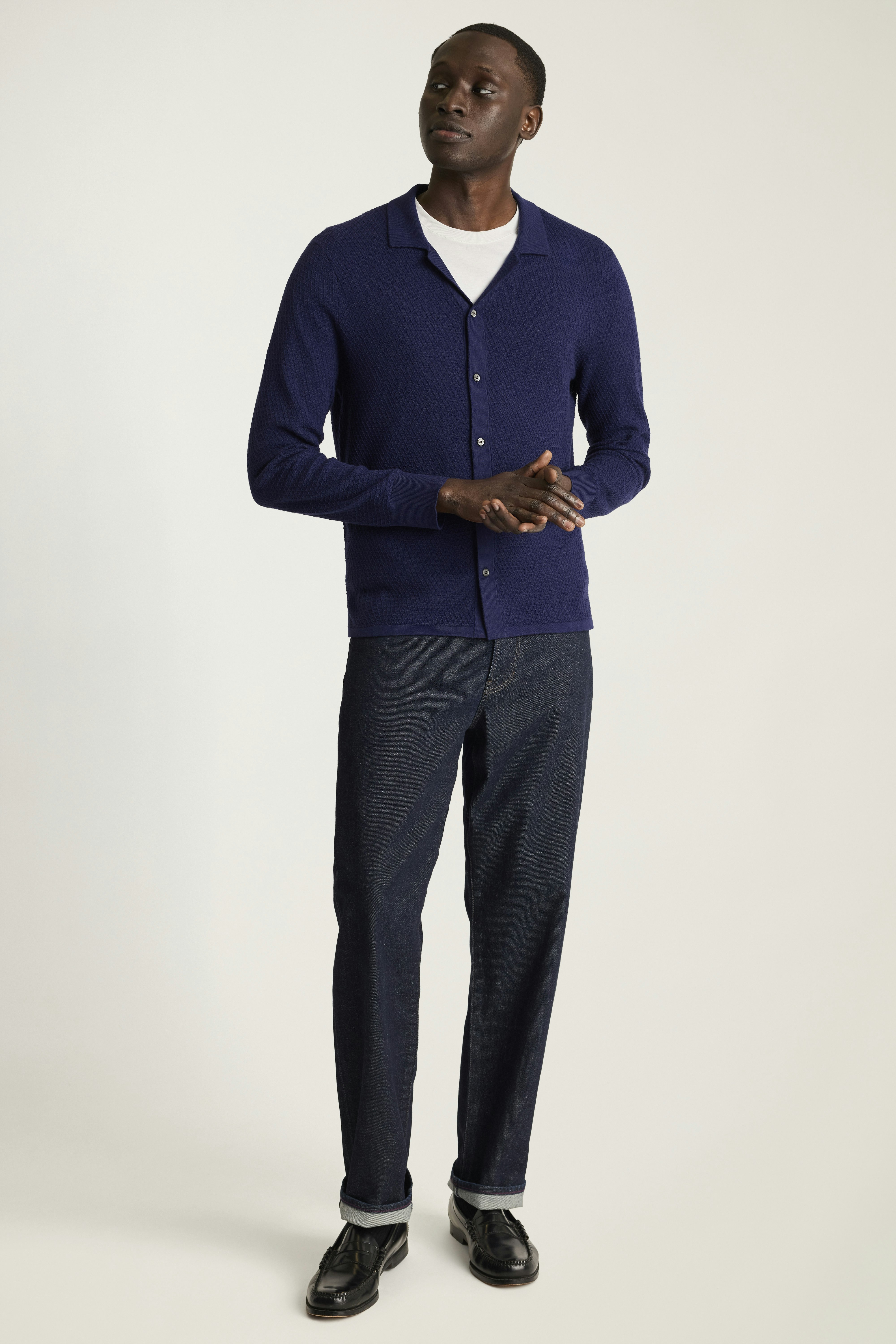 Hudson Long Sleeve Sweater Polo navy cotton cashmere diamond