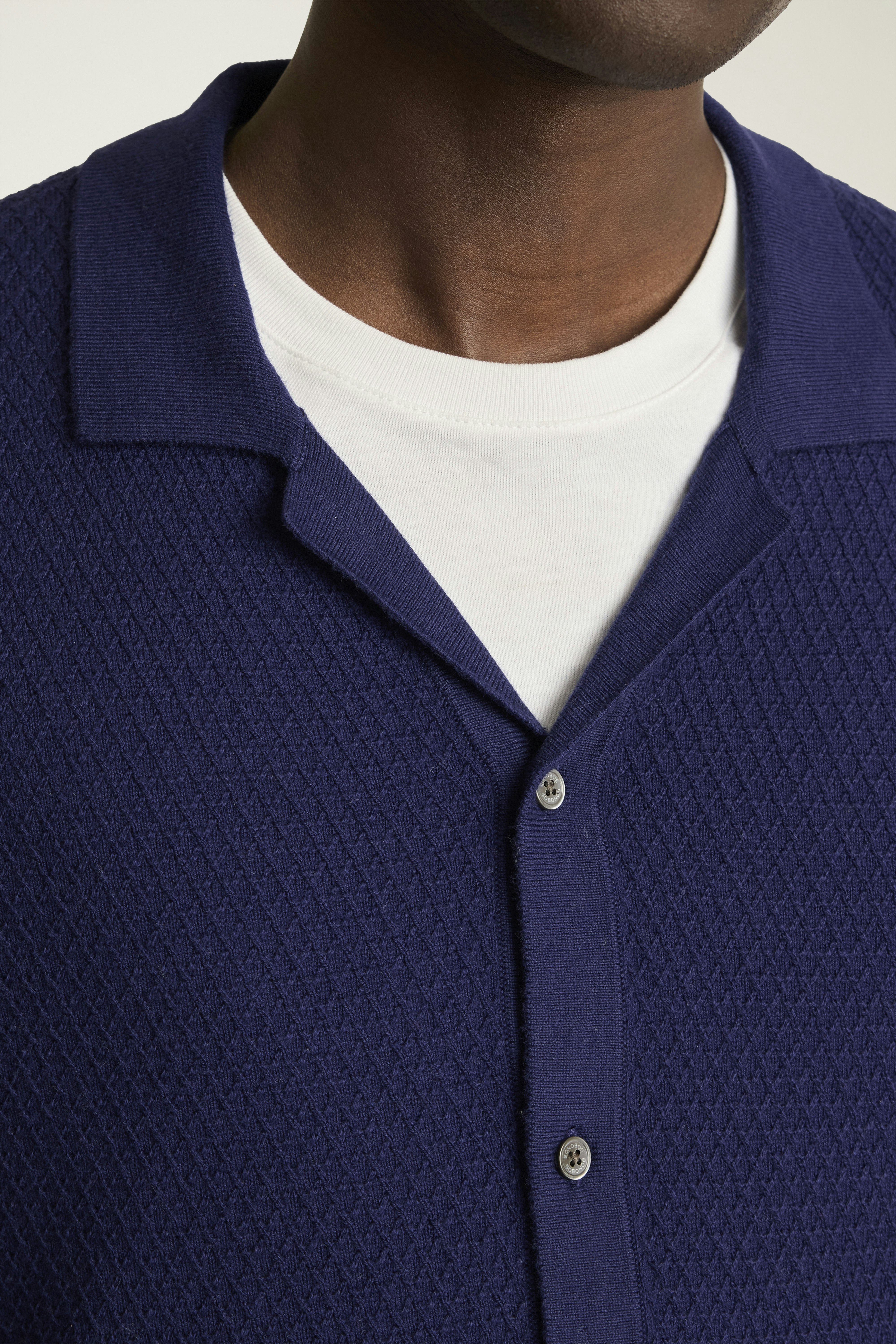 Hudson Long Sleeve Sweater Polo navy cotton cashmere diamond