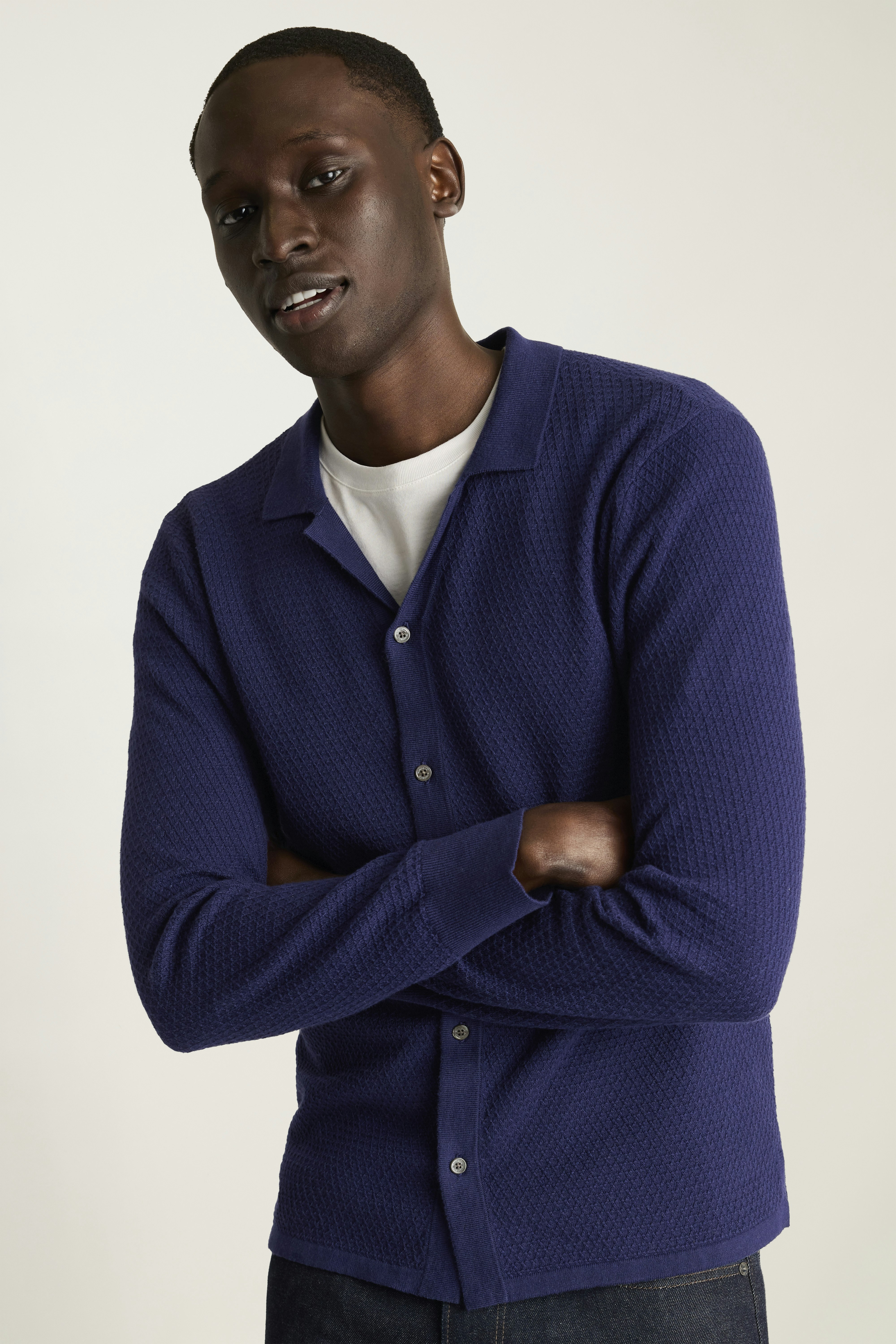 Hudson Long Sleeve Sweater Polo navy cotton cashmere diamond