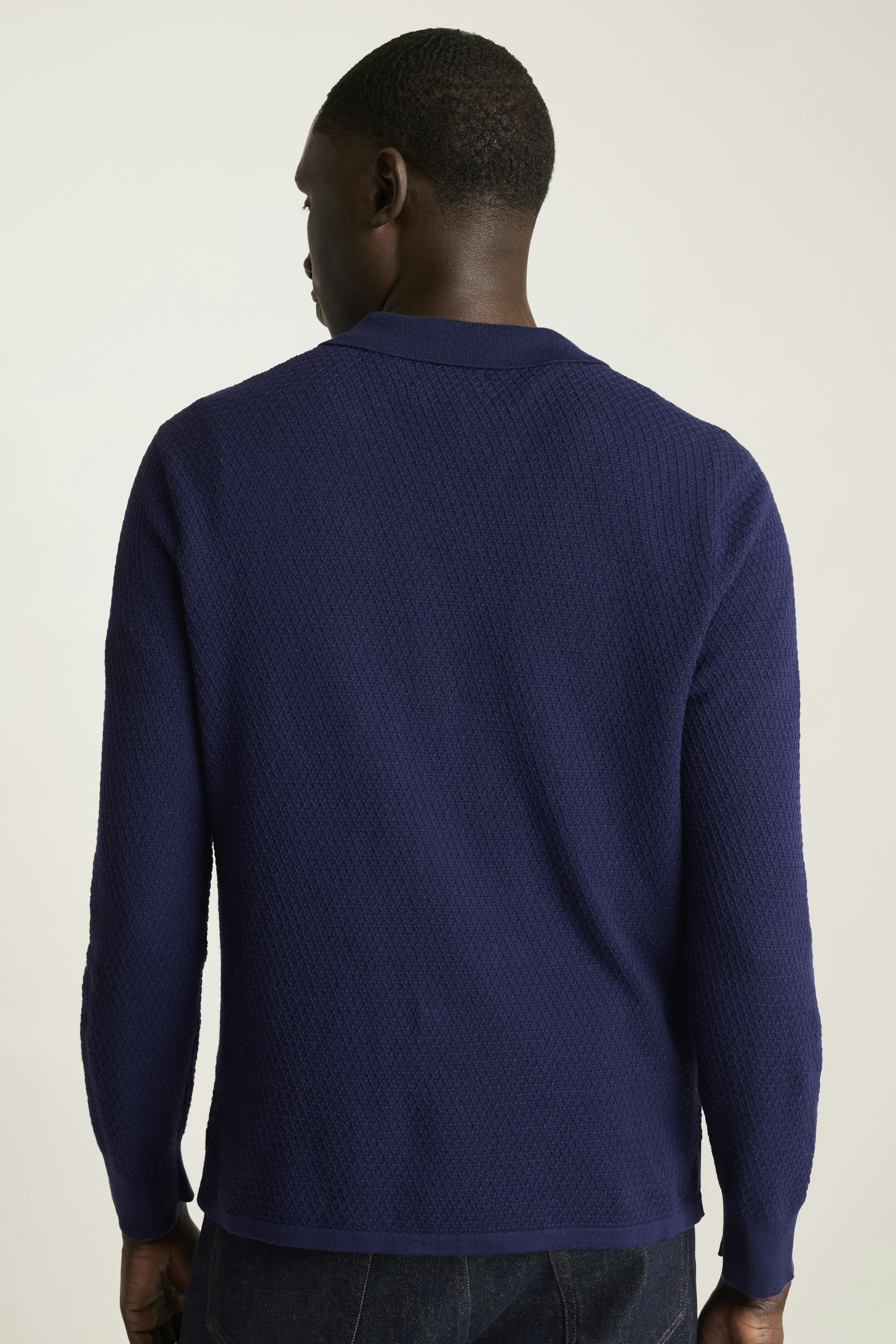 Hudson Long Sleeve Sweater Polo navy cotton cashmere diamond