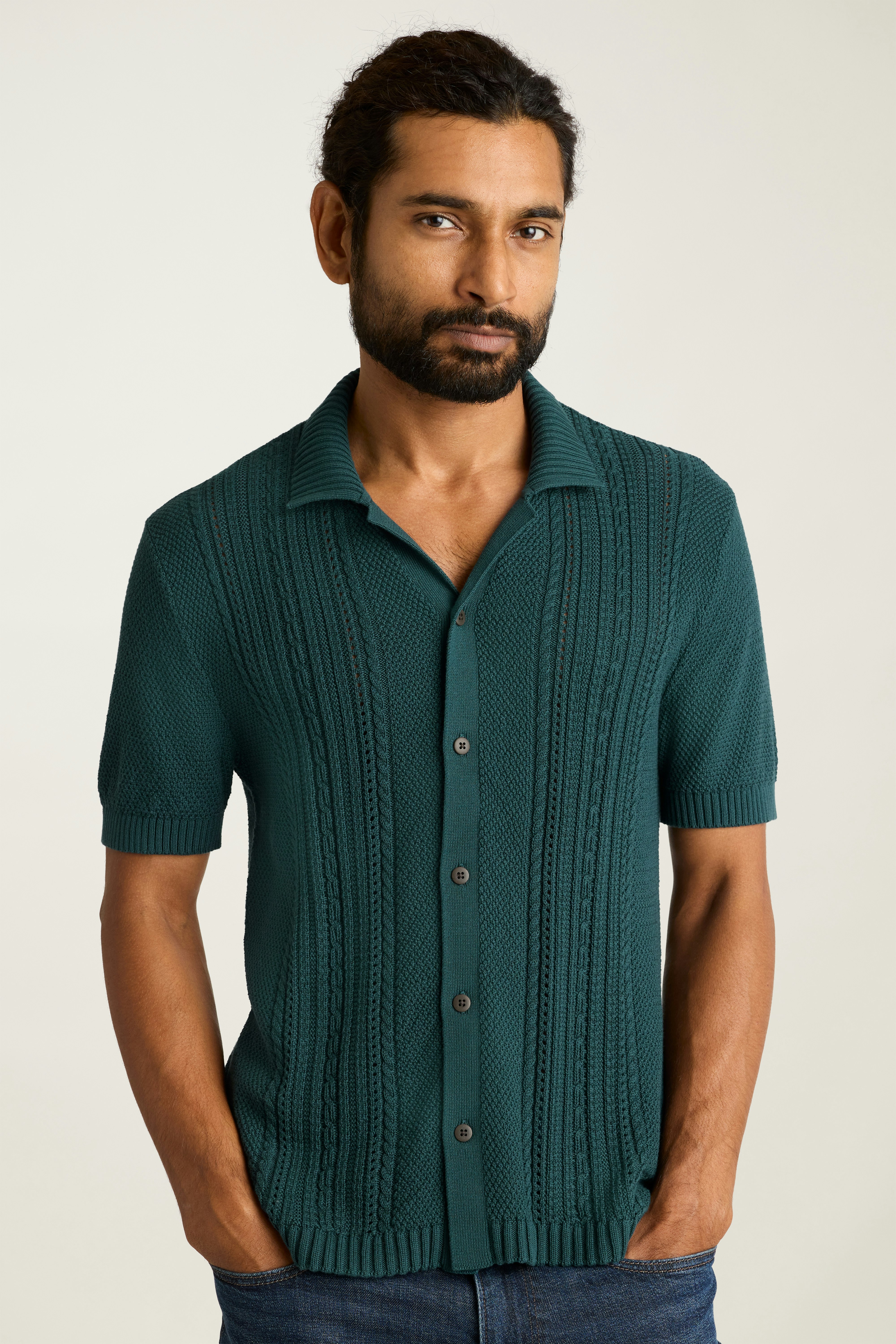 Hudson Cabana Sweater Polo blue green cable cotton